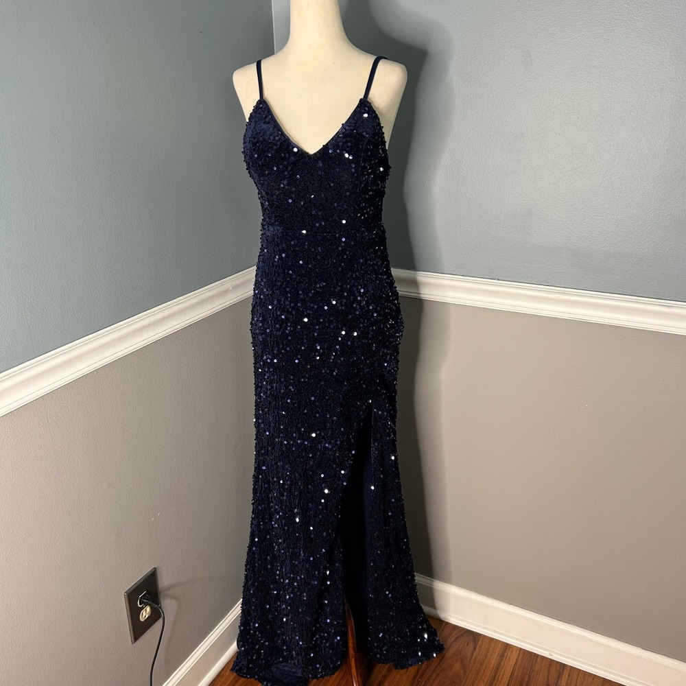 Navy Blue Sequin Formal Gown Lace Up Corset Back Side Slit Floor Length Dress‎